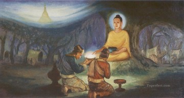 Religious Painting - tapussa and bhallika received eight strands of hair from the buddha as sacred objects of veneration Buddhism